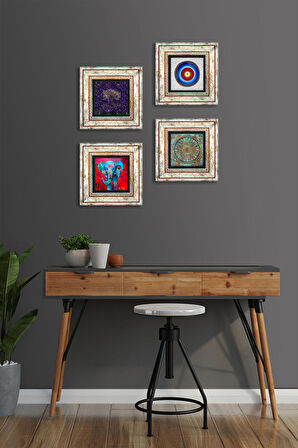 Nazar, Hayat Ağacı, Fil, Yaşam Çiçeği Taş Duvar Tablosu Çerçeveli Duvar Dekoru 4 Parça Tablo Seti Wall Art