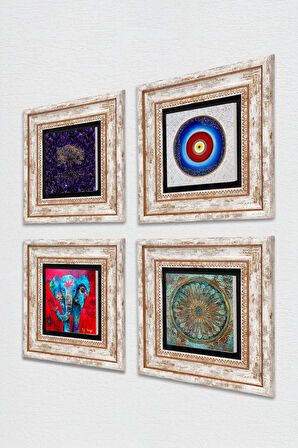 Nazar, Hayat Ağacı, Fil, Yaşam Çiçeği Taş Duvar Tablosu Çerçeveli Duvar Dekoru 4 Parça Tablo Seti Wall Art