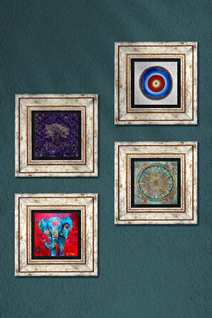 Nazar, Hayat Ağacı, Fil, Yaşam Çiçeği Taş Duvar Tablosu Çerçeveli Duvar Dekoru 4 Parça Tablo Seti Wall Art