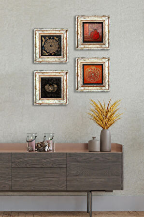 Horus'un Gözü, Sri Yantra, Nar Taş Duvar Tablosu Çerçeveli Duvar Dekoru 4 Parça Tablo Seti Wall Art