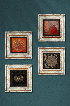 Horus'un Gözü, Sri Yantra, Nar Taş Duvar Tablosu Çerçeveli Duvar Dekoru 4 Parça Tablo Seti Wall Art