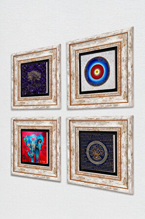 Hayat Ağacı, Fil, Nazar Taş Duvar Tablosu Çerçeveli Duvar Dekoru 4 Parça Tablo Seti Wall Art