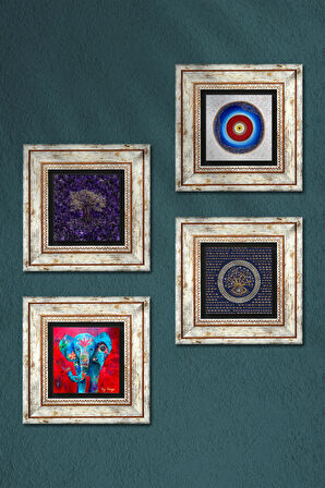 Hayat Ağacı, Fil, Nazar Taş Duvar Tablosu Çerçeveli Duvar Dekoru 4 Parça Tablo Seti Wall Art