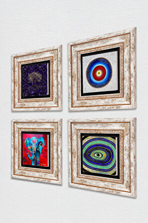 Hayat Ağacı, Fil, Nazar Taş Duvar Tablosu Çerçeveli Duvar Dekoru 4 Parça Tablo Seti Wall Art