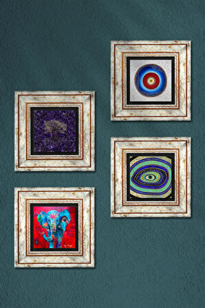 Hayat Ağacı, Fil, Nazar Taş Duvar Tablosu Çerçeveli Duvar Dekoru 4 Parça Tablo Seti Wall Art