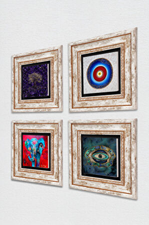 Hayat Ağacı, Fil, Nazar Taş Duvar Tablosu Çerçeveli Duvar Dekoru 4 Parça Tablo Seti Wall Art