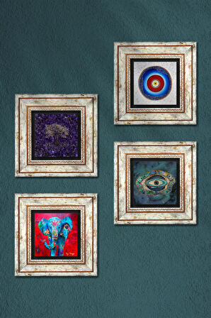 Hayat Ağacı, Fil, Nazar Taş Duvar Tablosu Çerçeveli Duvar Dekoru 4 Parça Tablo Seti Wall Art