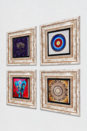 Nazar, Mandala, Hayat Ağacı, Fil Taş Duvar Tablosu Çerçeveli Duvar Dekoru 4 Parça Tablo Seti Wall Art
