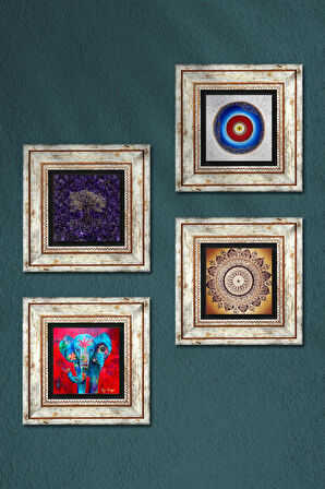 Nazar, Mandala, Hayat Ağacı, Fil Taş Duvar Tablosu Çerçeveli Duvar Dekoru 4 Parça Tablo Seti Wall Art