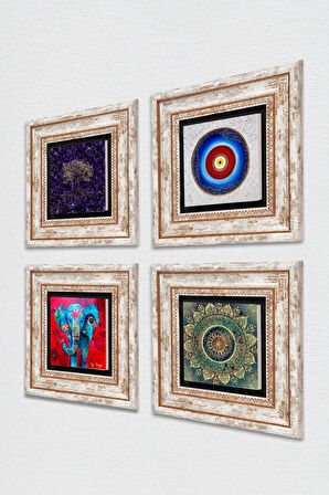 Nazar, Mandala, Hayat Ağacı, Fil Taş Duvar Tablosu Çerçeveli Duvar Dekoru 4 Parça Tablo Seti Wall Art