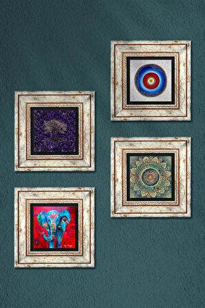 Nazar, Mandala, Hayat Ağacı, Fil Taş Duvar Tablosu Çerçeveli Duvar Dekoru 4 Parça Tablo Seti Wall Art