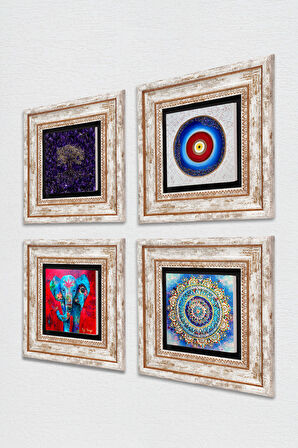 Nazar, Mandala, Hayat Ağacı, Fil Taş Duvar Tablosu Çerçeveli Duvar Dekoru 4 Parça Tablo Seti Wall Art
