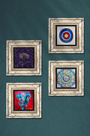 Nazar, Mandala, Hayat Ağacı, Fil Taş Duvar Tablosu Çerçeveli Duvar Dekoru 4 Parça Tablo Seti Wall Art
