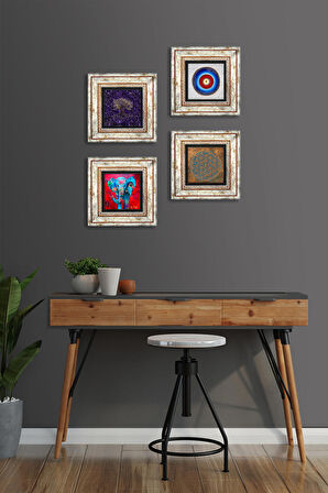 Yaşam Çiçeği, Nazar, Hayat Ağacı, Fil Taş Duvar Tablosu Çerçeveli Duvar Dekoru 4 Parça Tablo Seti Wall Art