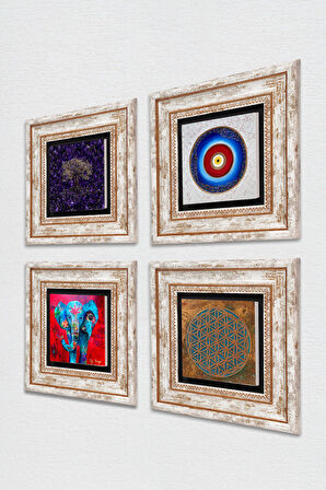 Yaşam Çiçeği, Nazar, Hayat Ağacı, Fil Taş Duvar Tablosu Çerçeveli Duvar Dekoru 4 Parça Tablo Seti Wall Art