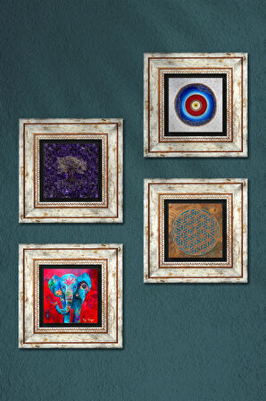 Yaşam Çiçeği, Nazar, Hayat Ağacı, Fil Taş Duvar Tablosu Çerçeveli Duvar Dekoru 4 Parça Tablo Seti Wall Art