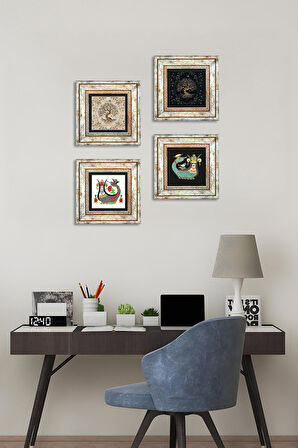 Şahmeran, Hayat Ağacı Taş Duvar Tablosu Çerçeveli Duvar Dekoru 4 Parça Tablo Seti Wall Art