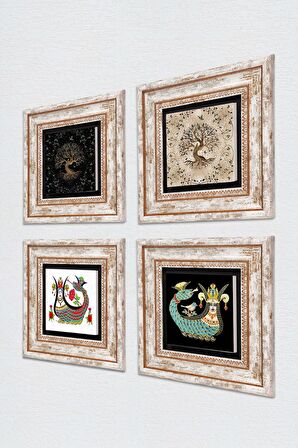 Şahmeran, Hayat Ağacı Taş Duvar Tablosu Çerçeveli Duvar Dekoru 4 Parça Tablo Seti Wall Art
