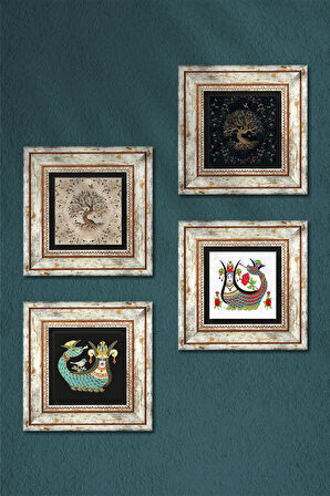 Şahmeran, Hayat Ağacı Taş Duvar Tablosu Çerçeveli Duvar Dekoru 4 Parça Tablo Seti Wall Art