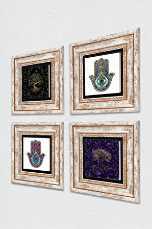 Hayat Ağacı, Fatma Ana Eli (Hamsa) Taş Duvar Tablosu Çerçeveli Duvar Dekoru 4 Parça Tablo Seti Wall Art