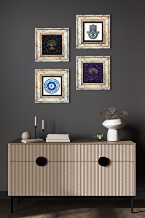 Nazar, Hayat Ağacı, Fatma Ana Eli (Hamsa) Taş Duvar Tablosu Çerçeveli Duvar Dekoru 4 Parça Tablo Seti Wall Art