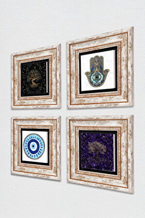 Nazar, Hayat Ağacı, Fatma Ana Eli (Hamsa) Taş Duvar Tablosu Çerçeveli Duvar Dekoru 4 Parça Tablo Seti Wall Art