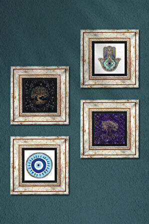 Nazar, Hayat Ağacı, Fatma Ana Eli (Hamsa) Taş Duvar Tablosu Çerçeveli Duvar Dekoru 4 Parça Tablo Seti Wall Art