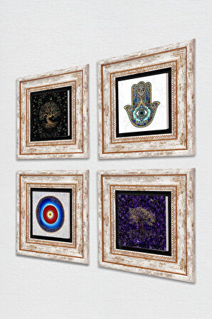Nazar, Hayat Ağacı, Fatma Ana Eli (Hamsa) Taş Duvar Tablosu Çerçeveli Duvar Dekoru 4 Parça Tablo Seti Wall Art