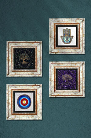 Nazar, Hayat Ağacı, Fatma Ana Eli (Hamsa) Taş Duvar Tablosu Çerçeveli Duvar Dekoru 4 Parça Tablo Seti Wall Art