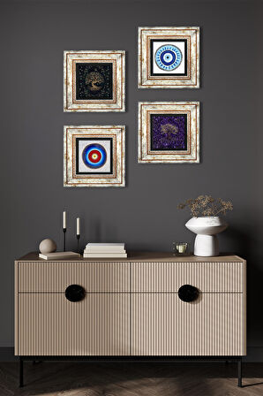 Nazar, Hayat Ağacı Taş Duvar Tablosu Çerçeveli Duvar Dekoru 4 Parça Tablo Seti Wall Art