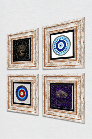 Nazar, Hayat Ağacı Taş Duvar Tablosu Çerçeveli Duvar Dekoru 4 Parça Tablo Seti Wall Art
