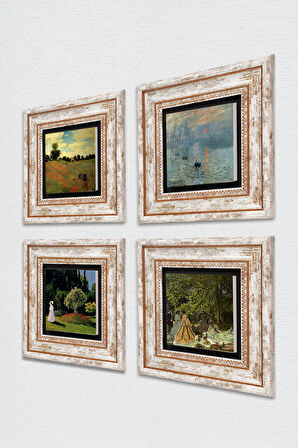 Monet Kırda Öğle Yemeği, Bahçedeki Kadın, Gelincikler, Gün Doğumu Taş Duvar Tablosu Çerçeveli Duvar Dekoru 4 Parça Tablo Seti Wall Art