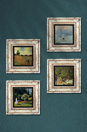 Monet Kırda Öğle Yemeği, Bahçedeki Kadın, Gelincikler, Gün Doğumu Taş Duvar Tablosu Çerçeveli Duvar Dekoru 4 Parça Tablo Seti Wall Art