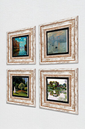 Monet Sonbahar, Gül Çiçekli Kemer, Bahçedeki Kadın, Gün Doğumu Taş Duvar Tablosu Çerçeveli Duvar Dekoru 4 Parça Tablo Seti Wall Art