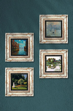 Monet Sonbahar, Gül Çiçekli Kemer, Bahçedeki Kadın, Gün Doğumu Taş Duvar Tablosu Çerçeveli Duvar Dekoru 4 Parça Tablo Seti Wall Art
