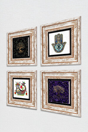 Şahmeran, Hayat Ağacı, Fatma Ana Eli (Hamsa) Taş Duvar Tablosu Çerçeveli Duvar Dekoru 4 Parça Tablo Seti Wall Art