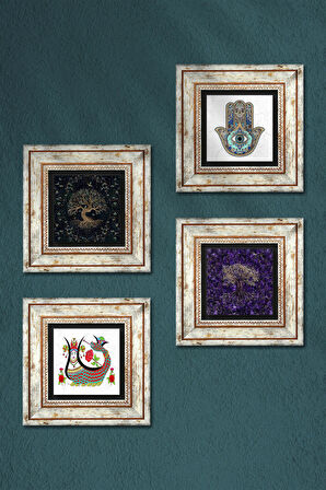 Şahmeran, Hayat Ağacı, Fatma Ana Eli (Hamsa) Taş Duvar Tablosu Çerçeveli Duvar Dekoru 4 Parça Tablo Seti Wall Art