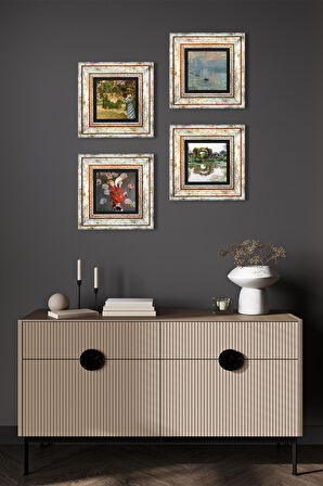 Monet Japon Kostümü, Bahçede, Gül Çiçekli Kemer, Gün Doğumu Taş Duvar Tablosu Çerçeveli Duvar Dekoru 4 Parça Tablo Seti Wall Art
