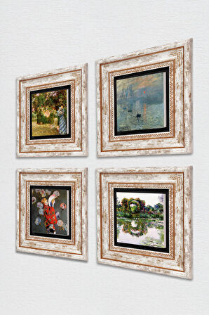 Monet Japon Kostümü, Bahçede, Gül Çiçekli Kemer, Gün Doğumu Taş Duvar Tablosu Çerçeveli Duvar Dekoru 4 Parça Tablo Seti Wall Art