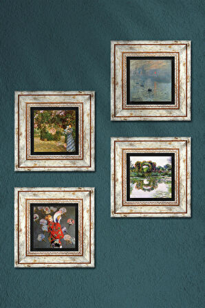 Monet Japon Kostümü, Bahçede, Gül Çiçekli Kemer, Gün Doğumu Taş Duvar Tablosu Çerçeveli Duvar Dekoru 4 Parça Tablo Seti Wall Art