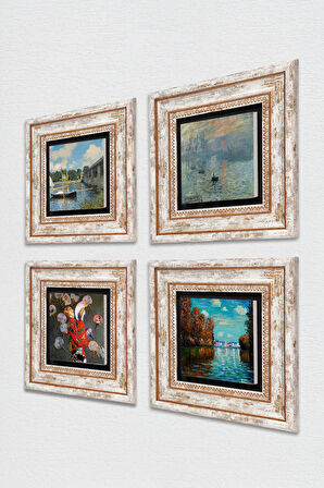 Monet Sonbahar, Japon Kostümü, Argenteuil'de Köprü, Gün Doğumu Taş Duvar Tablosu Çerçeveli Duvar Dekoru 4 Parça Tablo Seti Wall Art