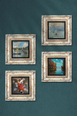 Monet Sonbahar, Japon Kostümü, Argenteuil'de Köprü, Gün Doğumu Taş Duvar Tablosu Çerçeveli Duvar Dekoru 4 Parça Tablo Seti Wall Art