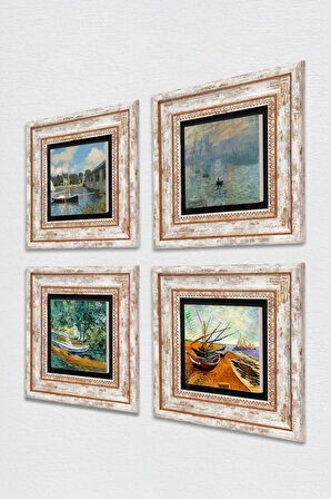Van Gogh, Claude Monet Taş Duvar Tablosu Çerçeveli Duvar Dekoru 4 Parça Tablo Seti Wall Art