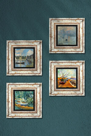 Van Gogh, Claude Monet Taş Duvar Tablosu Çerçeveli Duvar Dekoru 4 Parça Tablo Seti Wall Art