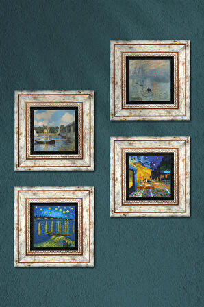 Van Gogh, Claude Monet Taş Duvar Tablosu Çerçeveli Duvar Dekoru 4 Parça Tablo Seti Wall Art
