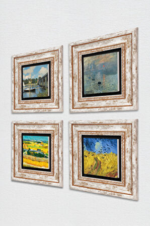 Van Gogh, Claude Monet Taş Duvar Tablosu Çerçeveli Duvar Dekoru 4 Parça Tablo Seti Wall Art