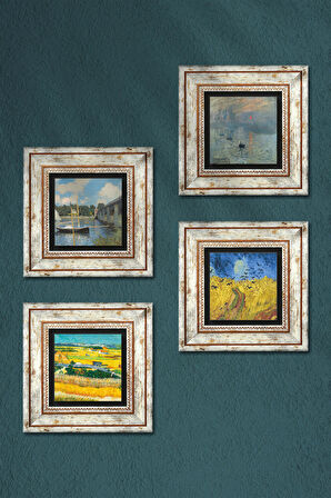 Van Gogh, Claude Monet Taş Duvar Tablosu Çerçeveli Duvar Dekoru 4 Parça Tablo Seti Wall Art