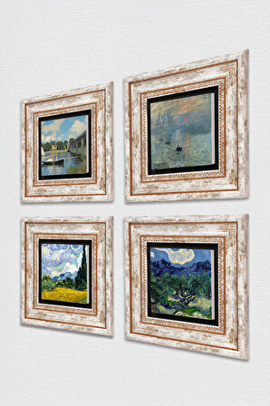 Van Gogh, Claude Monet Taş Duvar Tablosu Çerçeveli Duvar Dekoru 4 Parça Tablo Seti Wall Art