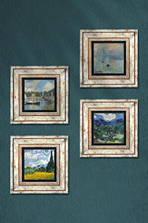 Van Gogh, Claude Monet Taş Duvar Tablosu Çerçeveli Duvar Dekoru 4 Parça Tablo Seti Wall Art
