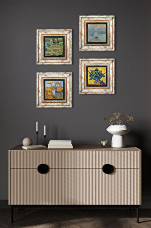 Van Gogh, Claude Monet Taş Duvar Tablosu Çerçeveli Duvar Dekoru 4 Parça Tablo Seti Wall Art